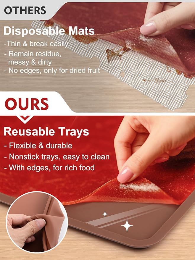 6PCS Silicone Food Dehydrator Sheets with Edge, Compatible with Cosori 12" x 11" Trays, Square Non-stick Tray Liner, High Temperature Resistance Reusable Dryer Mats