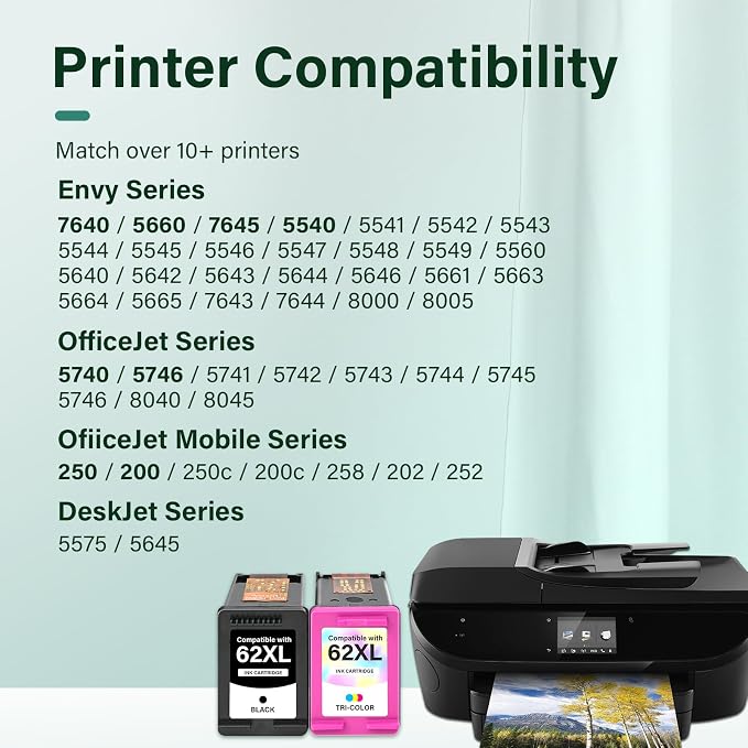 62XL 62 Envy 7640 Ink Cartridges Black and Color Combo Pack Replacement for HP62 62 XL Ink for HP Envy 5660 5540 7645 5740 5746 OfficeJet 250 200 Printer (2-Pack, Black/Tricolor, High Yield)