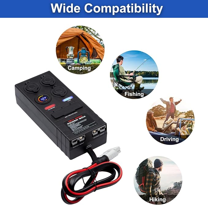 Mini Power Distribution Box 12V DC Battery Socket Max. 50A Current with 2 x Anderson, 6 x USB & 3 x Cig Sockets, Mini Battery Box for Outdoors RV Camping Fishing Emergency