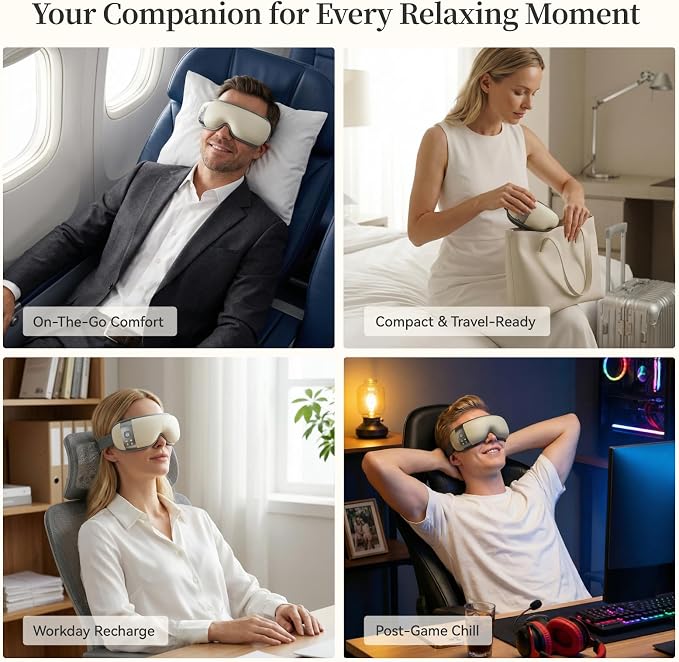 ReliefRX Ultra-Quiet Eye Massager with Heat and Cooling, Lightweight Eye Massager, Birthday Gift for Women Husband, for Home, Office, and Travel - Creamy White
