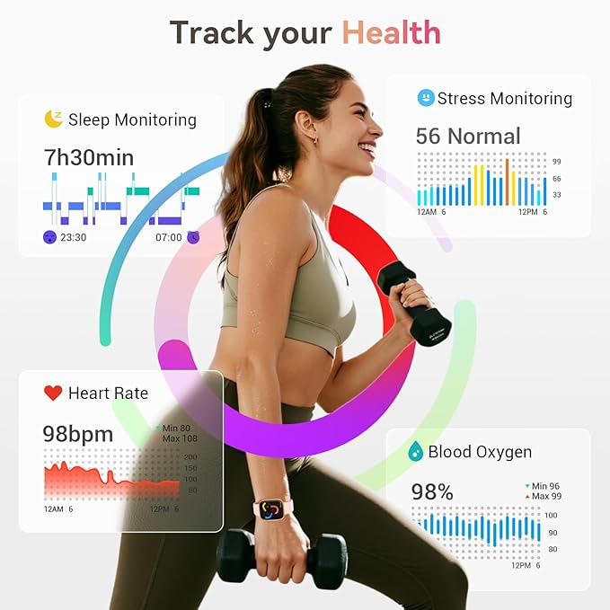 Smart Watch for Women, Answer/Make Call, 1.85" AMOLED Always-On Screen Smartwatch for iPhone & Android, 3ATM Waterproof Fitness Tracker with Heart Rate/Sleep/SpO2 Monitor, 120+ Sport Modes, 2 Bands