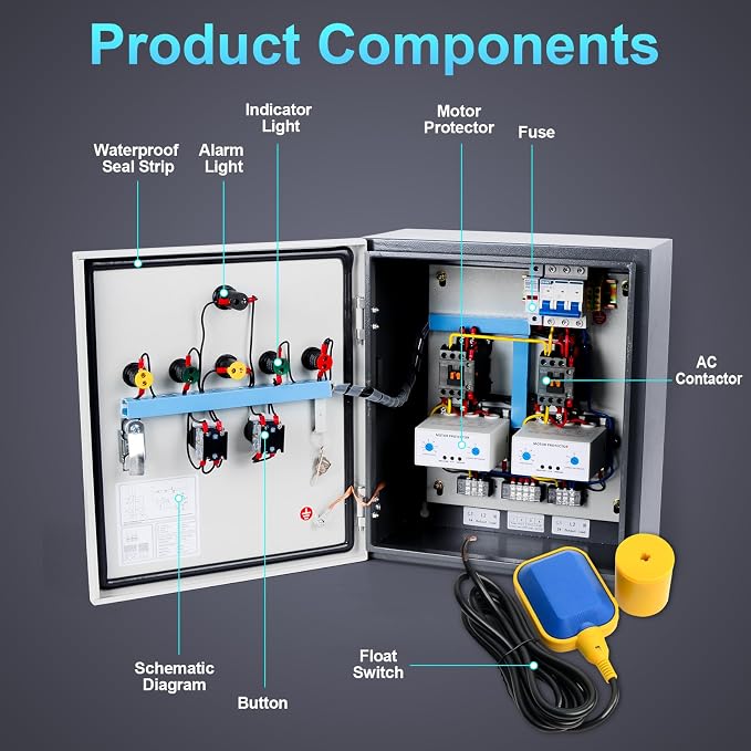 2 HP Well Pump Control Box, 220V Single Phase, 2 AC Contactors, 2 Float Switch, Ultra-high Water Level Alarm, Manual/Automatic, Safe & Reliable for Submersible Well Pump