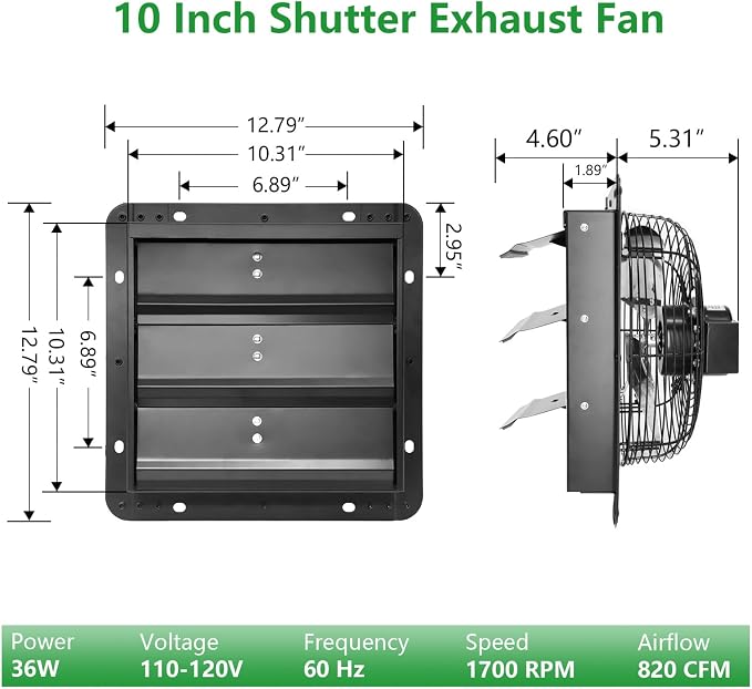 Shutter Exhaust Fan with Thermostat & Speed Control, 820 CFM,1700RPM, Upgrade 10 inch Wall Mount Attic Vent Fan for Chicken Coops, Greenhouse, Gable, Barn, Garage, Shed Ventilator