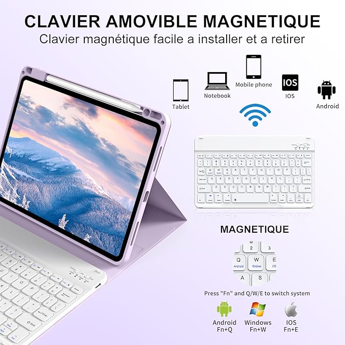 Case for iPad Air 8th/7th/6th 11-inch M4/M3/M2 (2026/2025/2024), iPad Air 5th/4th Generation 10.9 inch 2022/2020, Stand Folio Detachable Wireless Keyboard with Pencil Holder, Purple