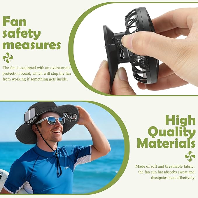 Berlune Sun Hat with 2 Solar Fan Wide Brim Fishing Bucket Hat USB & Solar for Men Women UPF 50+ Cooling for Fishing Beach