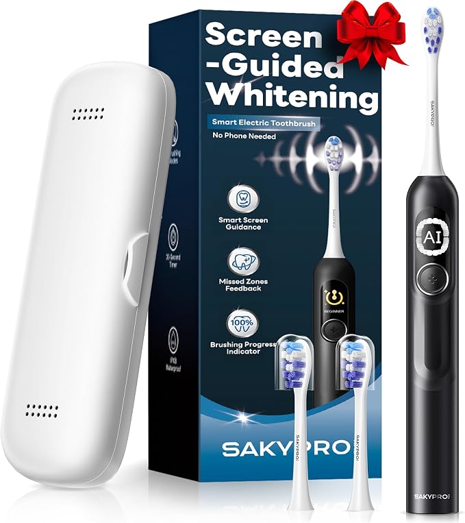 SAKYPRORAL AI Sonic Electric Toothbrush for Adults with Brushing Score & Smart Timer Display, 6-Zone Tracking, Rechargeable Whitening Brush with Soft Heads (Midnight Black)