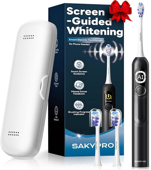SAKYPRORAL AI Sonic Electric Toothbrush for Adults with Brushing Score & Smart Timer Display, 6-Zone Tracking, Rechargeable Whitening Brush with Soft Heads (Midnight Black)