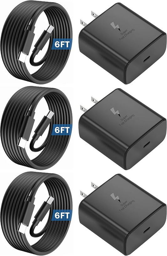 3-Pack 45W Super Fast Charger USB C Android Phone Charger Fast Charging Replacement for Samsung Galaxy S25/S25 Ultra/S25+/S24 Ultra/S24/S24+/S23 Ultra/S23/S22/S20/S21/Note 10,Galaxy Tab, 6ft C Cable