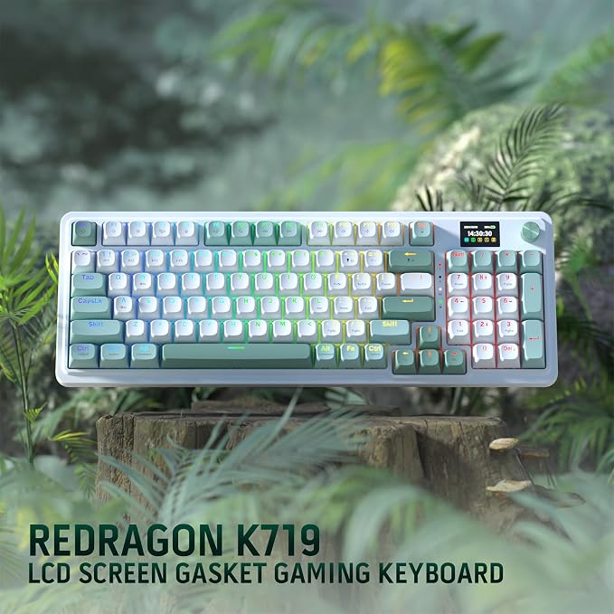 Redragon K719 Wireless Gasket Gaming Keyboard w/Hype Screen & Knob, 95 Keys Mechanical Keyboard, Easy-Control 1.14’’ TFT Info Display, 5-Layer Noise Dampening, Custom Linear Switch, Jade Cloud Color