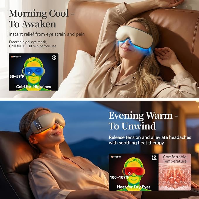 ReliefRX Ultra-Quiet Eye Massager with Heat and Cooling, Lightweight Eye Massager, Birthday Gift for Women Husband, for Home, Office, and Travel - Creamy White