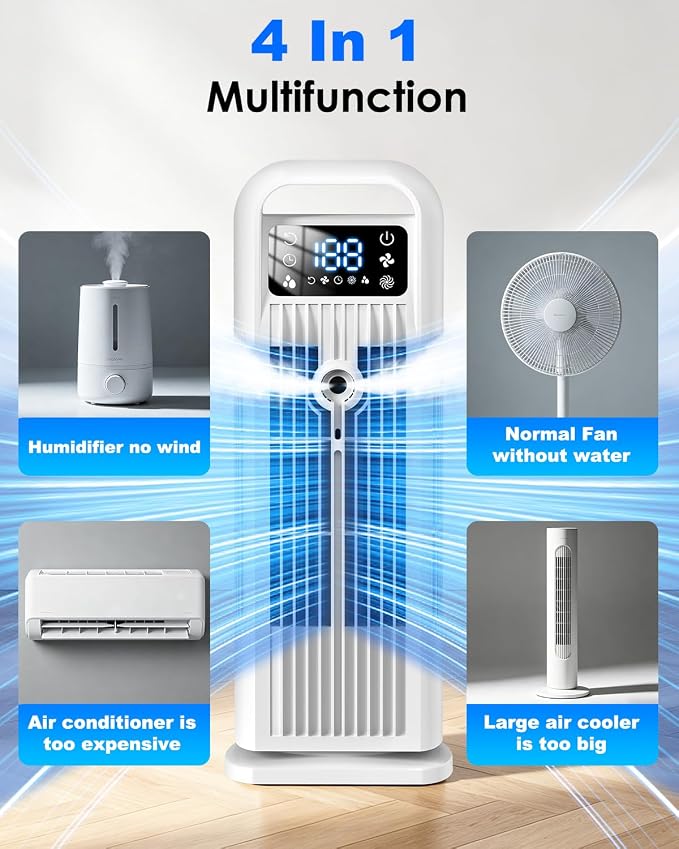 Portable Air Conditioner, 4 in 1 Evaporative Air Cooler with Remote Control, 1200ML Water Tank, 120 Oscillating, 4 Speeds, 12H Timer, Mist Spray Tower Fan for Home Office, White