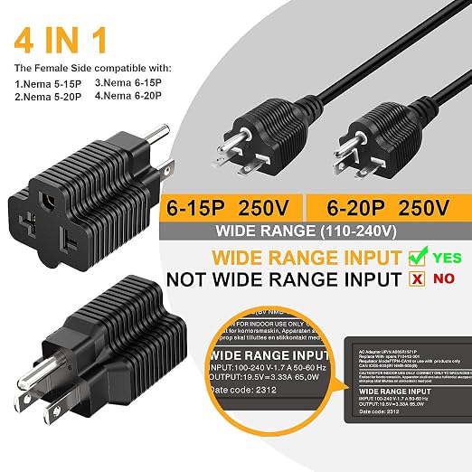 [10Pack] 4-in-1 15 Amp Household AC Plug to 20 Amp T-Blade Adapter,5-15P to 5-20R,5-15P to 6-15R,5-15P to 6-20R, 4 in 1 AC Power Adapter,15A 125V to 20A 250V Adapter,15A to Double T-Blade Adapter.