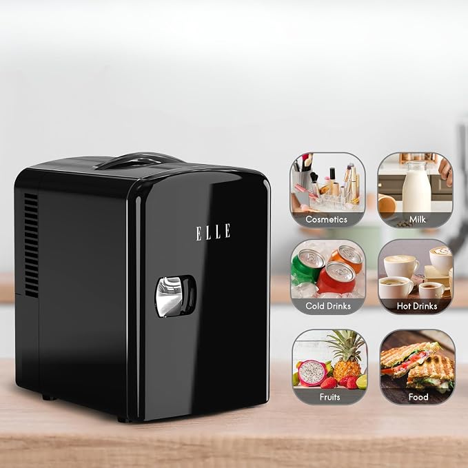 ELLE Multi Purpose 4L Mini Fridge Cooler and Warmer with Cool and Warm Function Removable Shelf Carrying Handle AC DC Power Options for Car Office Bedroom 6 Can Capacity Black
