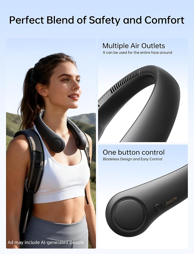 JISULIFE Portable Neck Fan, Hands-Free Bladeless, 5 Speeds, 4000 mAh Battery Operated Wearable Personal Fan, Twistable, Rechargeable, Gift for Women Men-Black