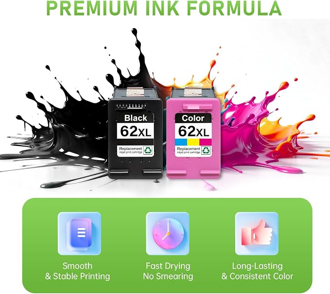 62 Ink Cartridge 62XL Black and Tri-Color Combo Pack, Compatible with HP62 HP62XL Printers, Envy 7640 5540 5660 7645 OfficeJet 5740 200 250 8040 (1 Black, 1 Tri-Color)