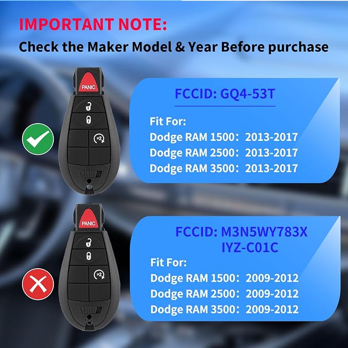 Key Fob Remote Replacement Kit Fits for Dodge RAM 1500/2500/3500 2013 2014 2015 2016 2017 GQ4-53T Keyless Entry Remote Control