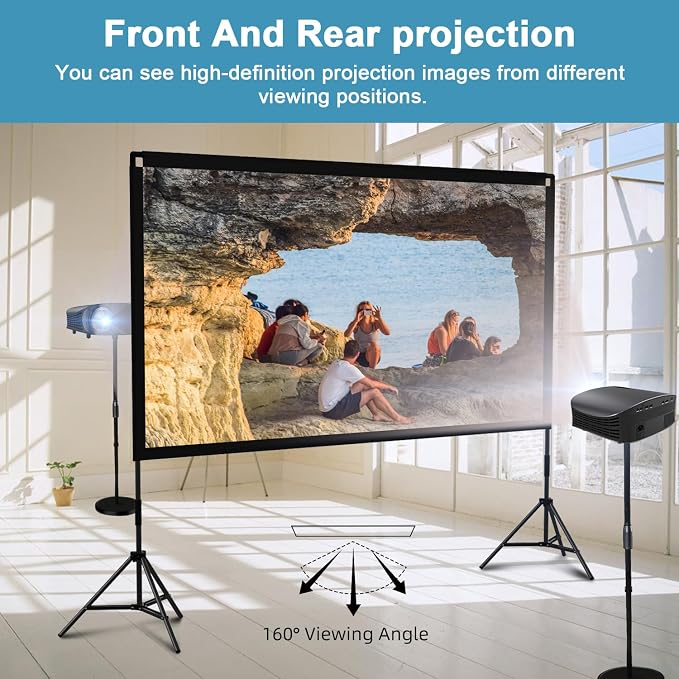 Projector Screen with Stand, Towond 120 inch Outdoor Movie Screen 16:9 HD Front Rear Portable Projection Screen with Carry Bag Wrinkle-Free and Foldable Design for Soccer Match Viewing Parties