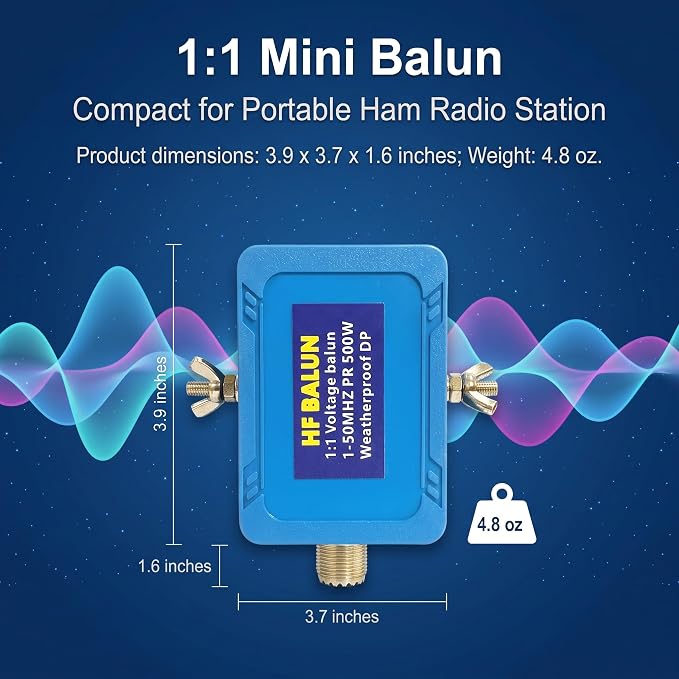 1:1 Mini Voltage Balun Antenna, 500W HF Band (1-50MHz) Ham Radio Balun for Dipole Antenna - Weatherproof Design with SO-239 UHF Female Connector