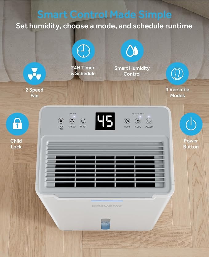 Dehumidifier for Home Bedroom & Bathroom, Basement & Large Room, Color-Changing Humidity Light, Quiet 40dB, Continuous Drain Hose, 3 Modes, Auto Humidity Control (White, 1,500 Sq.Ft)