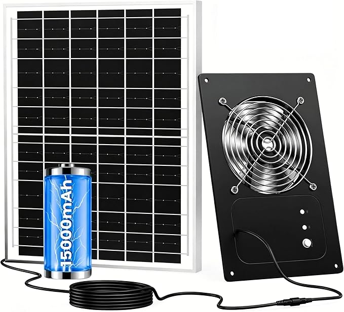 Solar Fan for Chicken Coop with Battery and Timer, 25W 15000mAh 5" Small Solar Exhaust Fan, Silent High-Speed Waterproof Solar Powered Fans for Outside Greenhouses Sheds Pet House Rabbit Cage