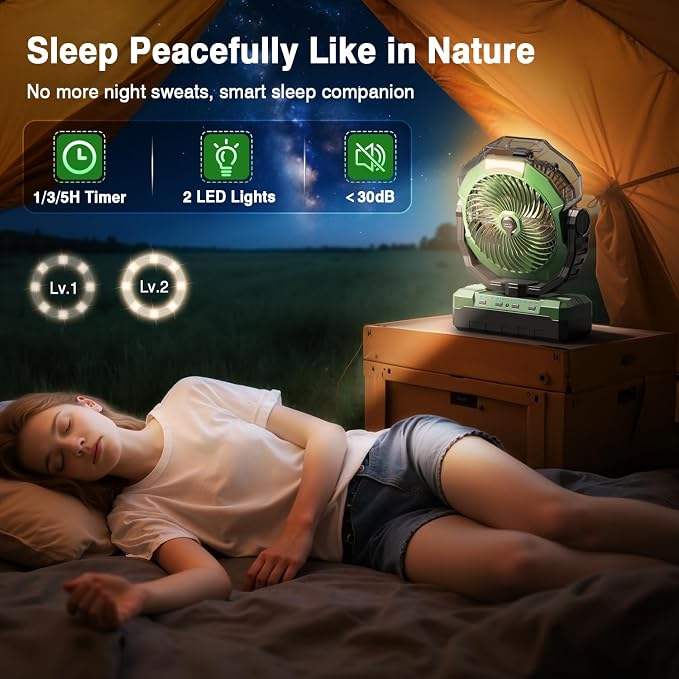 Portable Misting Fan, 36000mAh Rechargeable Battery Powered Camping Fan with 460ml Tank & 6.6ft Mist, 4 Speeds 2 Light Modes for Outdoor Patios Travel Jobsite Beach Summer Essentials - Green