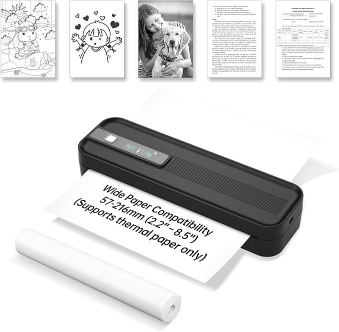 NETUM P801X Portable Thermal Printer, Wireless Bluetooth & Inkless, Smudge Free Printing, Supports 8.5"x11" US Letter & A4, for iOS, Android & PC, Home Office, Travel, Mobile Printing, Black
