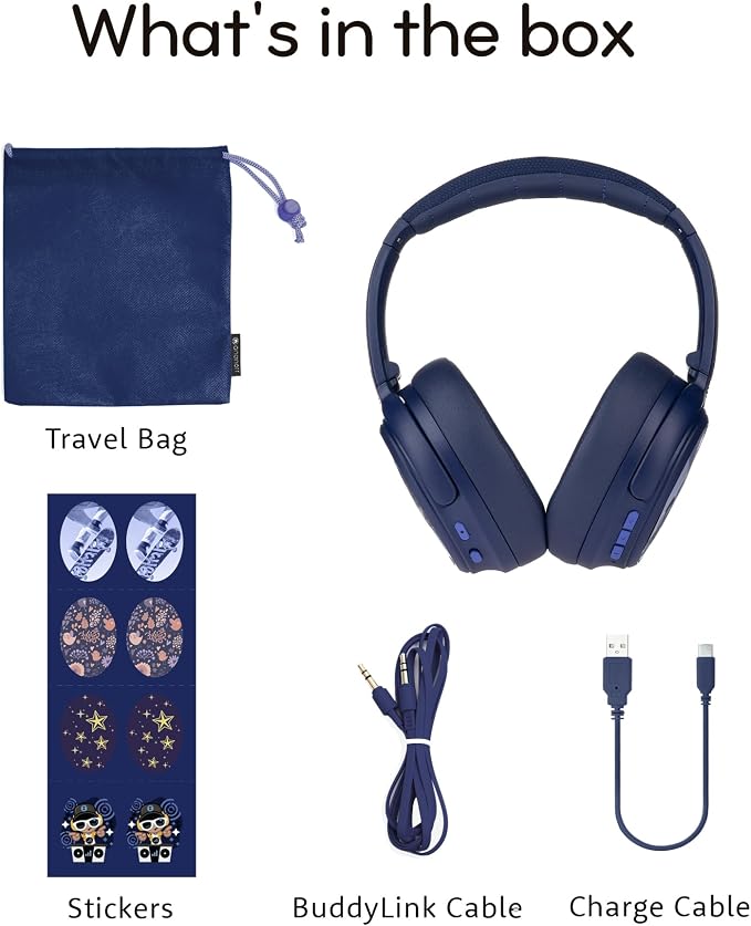 BuddyPhones Cosmos Fun | Wired or Wireless Foldable ANC Bluetooth Headphones + Microphone - SafeAudio Volume-Limiting Options, for Toddlers to Young Adults (Blue)