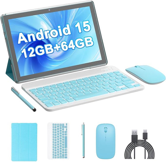 HOTTABLET Tablet 10-inch Android 15, RAM 12GB(4+8Expand) +ROM 64GB, 2+8MP Dual Camera, 6000mAh Battery, (Tablet+case+Stylus+beyboard+Mouse), Blue
