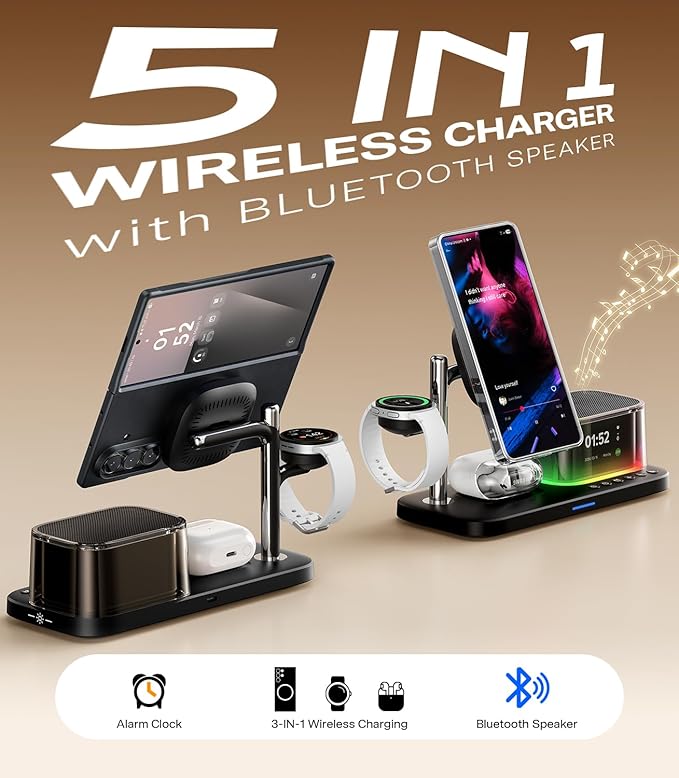 Meifigno 25W 5 in 1 Charging Station for Galaxy S26 Ultra with Bluetooth Speaker/Alarm Clock/Night Light, Qi2.2 Fast Magnetic Wireless Charger with 45W Adapter for S26/Z Fold7, for Galaxy Watch 8/Buds