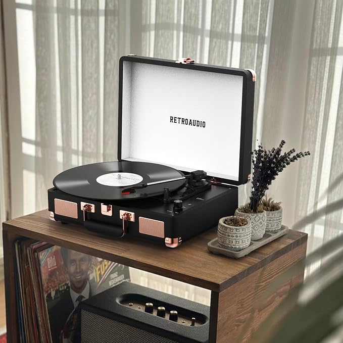 Vinyl Record Player 3 Speed Bluetooth Portable Suitcase Belt-Driven Record Player with 2 Built-in Stereo Speakers Vinyl Vintage Turntable Records Player with RCA Line Out AUX Out (Black&Rose Gold)