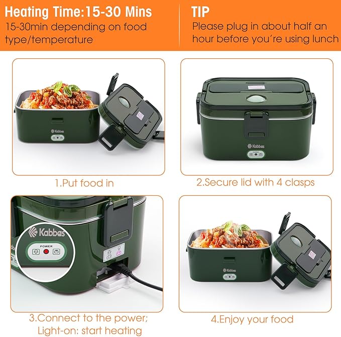 Kabbas 1.8L Portable Electric Lunch Box for Adults, 100W Heated Lunch Box for Men with Removable Dual Container, Fast Heating Food Warmer, 12V/24V/110V for Car Truck Office lonchera eléctrica portátil