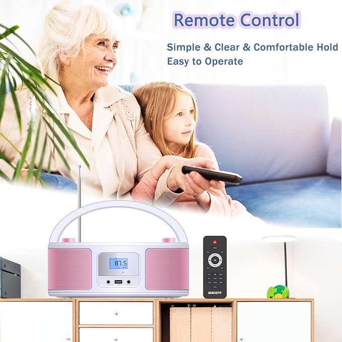 Portable CD Player Boombox with Bluetooth, FM Radio Stereo, Remote Control, USB Input and 3.5mm AUX Headphone Jack, Programmable CD Player, 4 watts of Audio, AC/Battery Powered