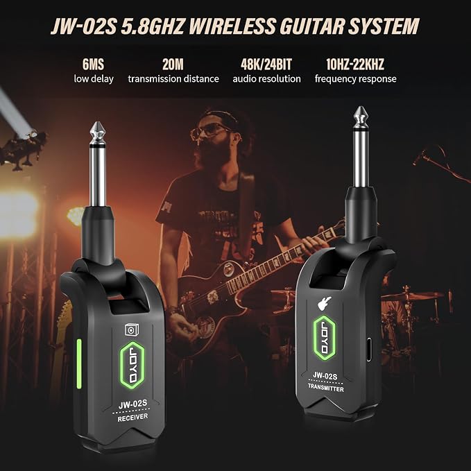 JOYO 5.8GHz Wireless Guitar System Rechargeable Transmitter Receiver with 4 Channels, Low Latency, 48kHz/24Bit, 65ft Range, 6 Hour Battery for Electric Guitar & Bass (JW-02S)
