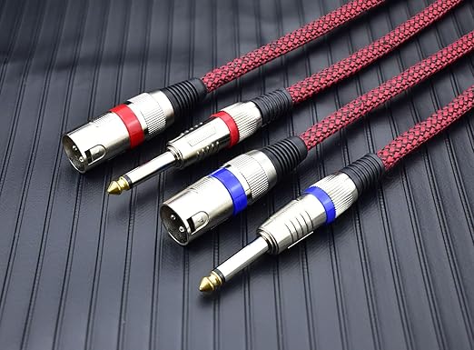 Unbalanced XLR Male to 1/4" TS Male Mono Cable, 6.6 Feet 6.35 mm Quarter Inch to 3pin XLRm Audio Cord, OFC Shield, Nylon Braided, Red Color, for Mixer/Keyboard/Electronic Drum, 2Pack