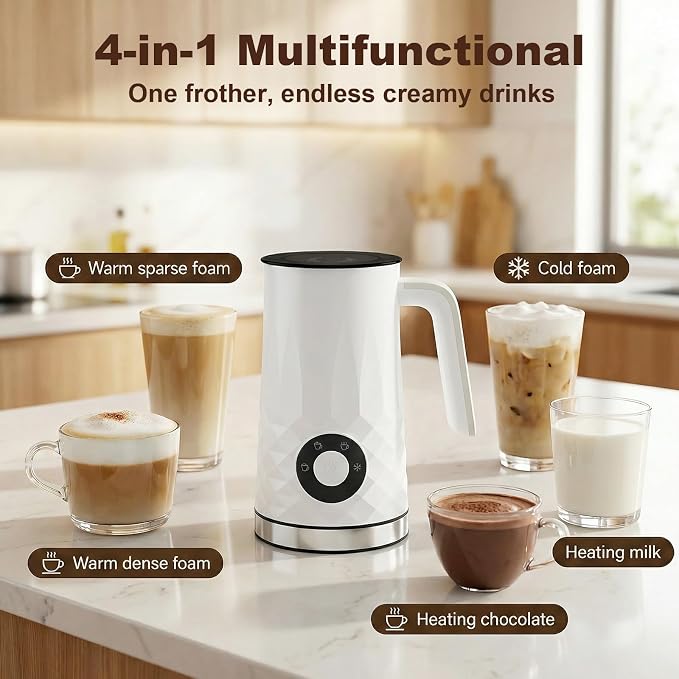 Milk Frother and Steamer, 4 in 1 Electric Milk Frother, 11.8oz Automatic Hot and Cold Foam Maker and Milk Warmer for Latte, Cappuccino, Hot Chocolate, Dishwasher Safe