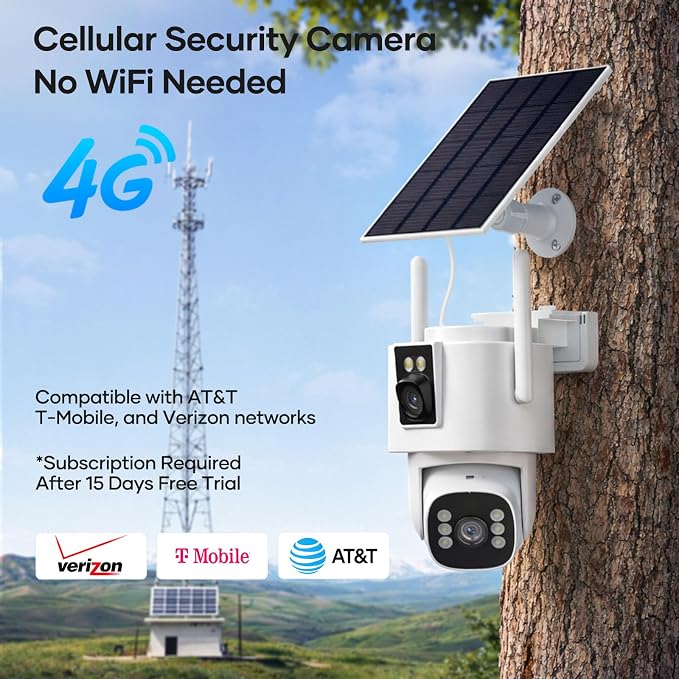 4G LTE Cellular Security Camera: Dual Lens Solar Outdoor Camera No WiFi 24/7 Recording with 32GB SD Card PTZ Night Vision Human Detection for Farm Cabin Construction Site Remote Property