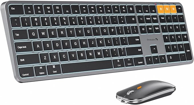 ProtoArc Backlit Bluetooth Keyboard and Mouse for Mac, KM100-A Full Size Wireless Keyboard Mouse for Mac, Multi-Device, Rechargeable, No USB, for MacBook Pro/Air, iPhone, iPad, Space Gray