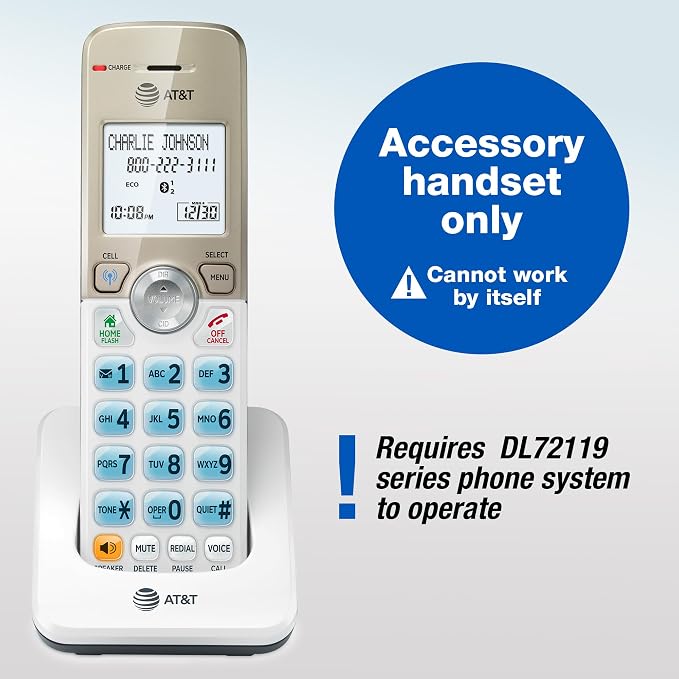 AT&T DL70019 Additional Handset for DL72x19 Series Cordless Phone - Bluetooth Connect to Cell, Smart Call Blocker, 1.8" Backlit Display, Big Buttons, Intercom