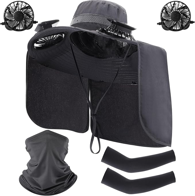 3 Pcs Solar Fan Hat with Arm Sleeves Neck Gaiter Wide Brim Sun Hat Solar Powered USB Charging for Men Women