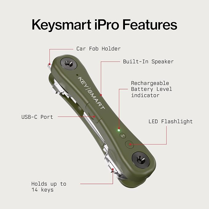 KeySmart iPro - Key Finder Locator with Sound, Keychain Key Holder, Apple Find My App Compatible, Key Organizer, Compact Clutter-Free Key Chain Tracker, Rechargeable Battery (Up to 14 Keys, Green)