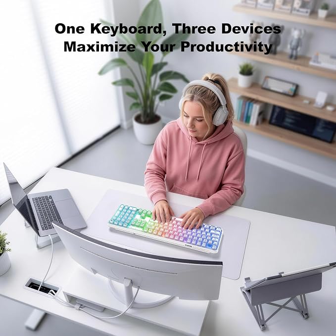 GEEZER Computer Backlit Keyboard White Crystal - Full-Size Bluetooth Wireless Rechargeable Transparent Keycap Portable Keyboards Compatible with Windows, Laptop, PC, Desktop