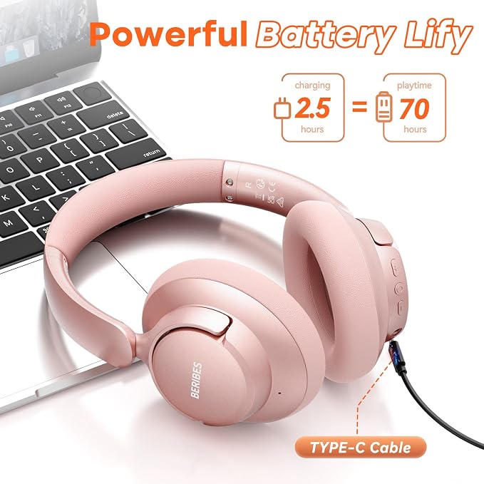 BERIBES Upgraded Hybrid Active Noise Cancelling Headphones with Transparent Modes, 70H Playtime Wireless Bluetooth Headphones with Mic (Rose Gold-1)