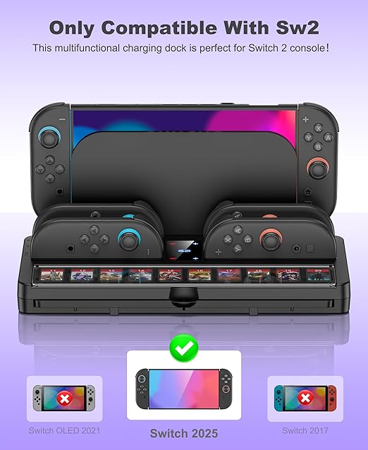 Switch 2 Game Organizer & Charging Station – Charges 4 Joy Cons & Stores 20 Game Cards | Joy-Cons Controller Charging Dock with Sync USB | Compatible Only with Nintendo Switch 2 (2025)