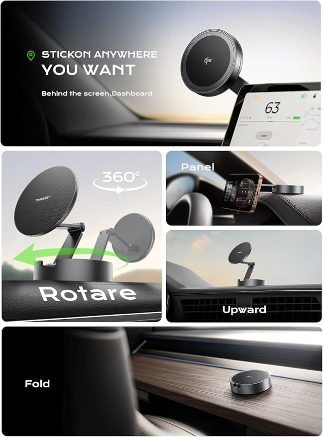 THREEKEY Qi2 Certified Magnetic Car Mount Charger Lite,Car Wireless Charger,15W Fast Charging,Retractable Phone Holder with 360°Rotation,Car Mount for iPhone17-12&Galaxy S25 Ultra