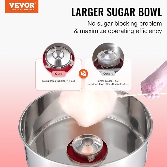 VEVOR Cotton Candy Machine Commercial, 1000W Electric Floss Maker with Stainless Steel Bowl, Sugar Scoop, Storage Drawer, Perfect for Home, Carnival, Kids Birthday, Family Party, Red