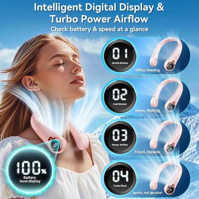 BNBZ Portable Neck Fan, 6000mAh Rechargeable Fan Blows Cold Air with LED Display, 4 Speeds, 20H Runtime, Quiet Wearable 360° Personal Cooling Fan for Outdoor Travel Work Gym,Fireplace Fans-Pink