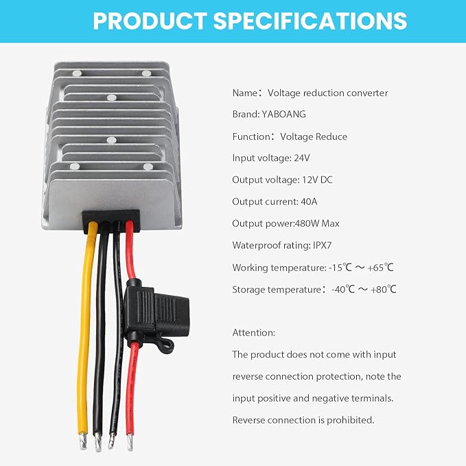 24V to 12V 40A 480W Waterproof DC-DC Buck Converter with Fuse | Step Down Voltage Power Transformer for Automotive, LED Lights, Construction Sites, Tools