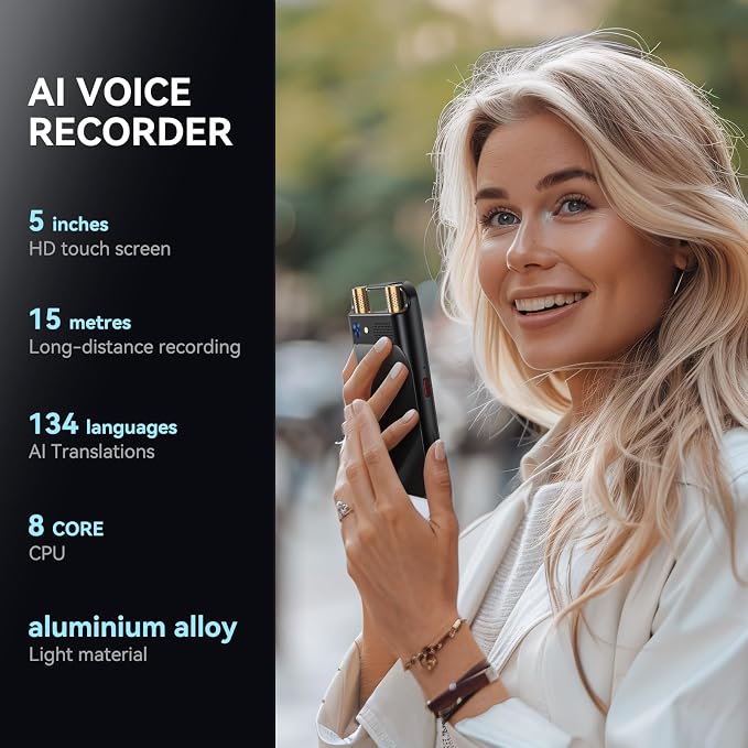 AI Voice Recorder with Playback, Digital Voice Recorder with Transcription to Text, Summary, Translation, Full Touchscreen Recorder Device for Meetings