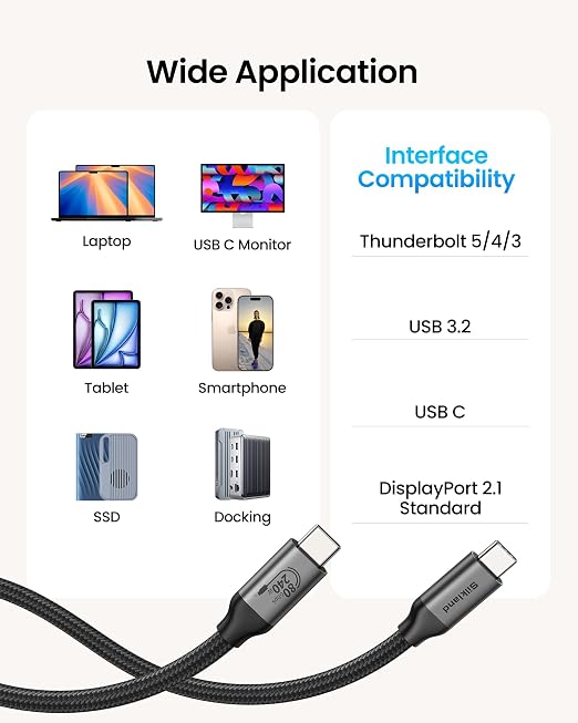 Silkland 80Gbps USB 4 for Thunderbolt 5 Cable 3.3FT, [USB-IF Certified] 120Gbps Bandwidth for 16K/Dual 8K, 240W, Braided USB C Video Cable Compatible Thunderbolt 4,SSD,MacBook M4 Pro, iPhone17, Dock