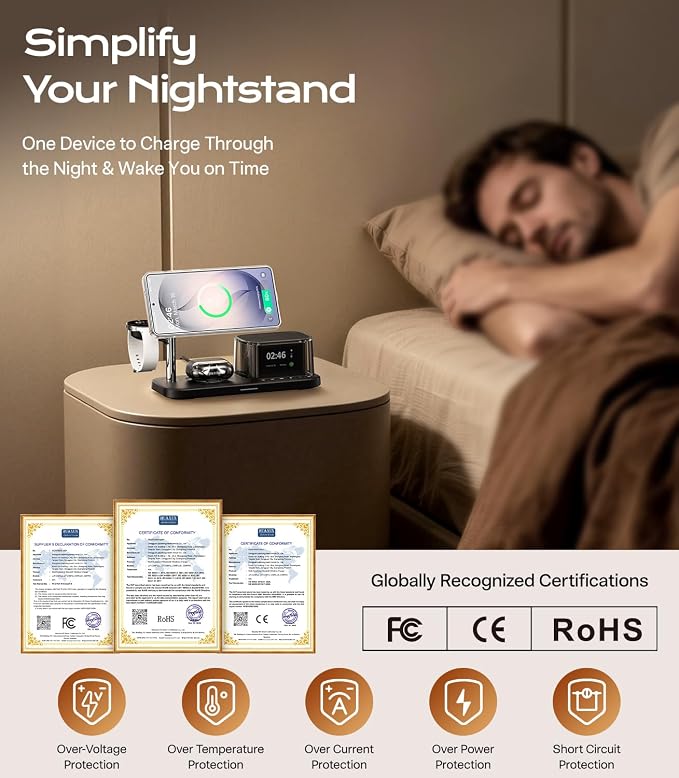 Meifigno 25W 5 in 1 Charging Station for Galaxy S26 Ultra with Bluetooth Speaker/Alarm Clock/Night Light, Qi2.2 Fast Magnetic Wireless Charger with 45W Adapter for S26/Z Fold7, for Galaxy Watch 8/Buds